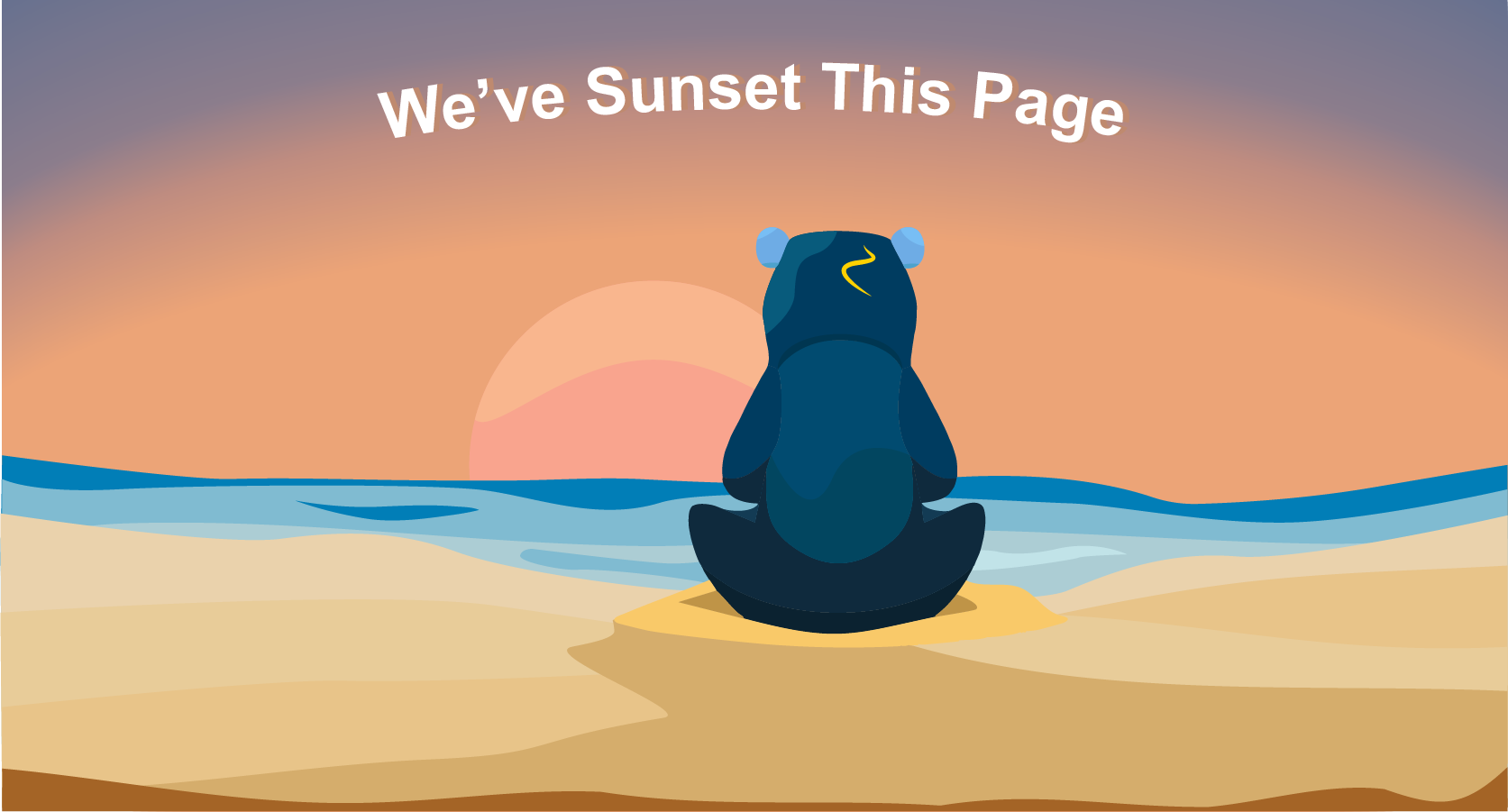 UCLA bear looking at the sunset across the ocean with the words "We've Sunset This Page" above the horizon.